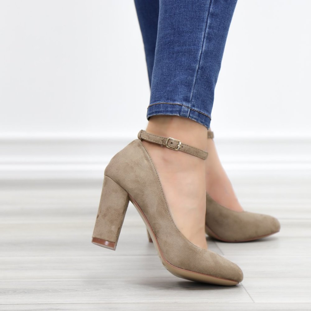 Taupe Ankle Strap Vintage Style Block Heels - Picture 3 of 14